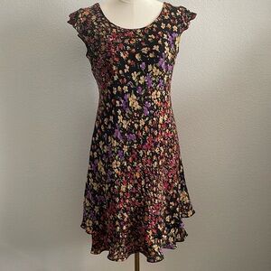 Talbots Black Floral Midi Dress with Purple, Pink, and Cream Accents